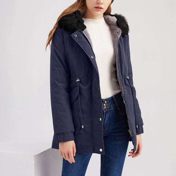 Women's Mid-Length Fleece Lined Hooded Jacket, Solid Color Winter Coat with Drawstring Waist, Warm Zip Up Outerwear, Casual Fall Winter Layer Blue L