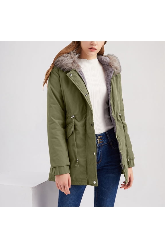 Women's Mid-Length Fleece Lined Hooded Jacket, Solid Color Winter Coat with Drawstring Waist, Warm Zip Up Outerwear, Casual Fall Winter Layer JN XXXL