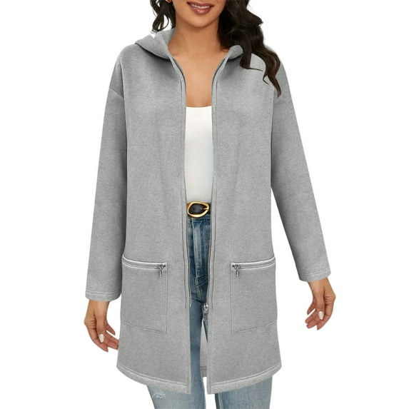 Women's Mid-Length Full Zip Hoodie with Zippered Pockets, Oversized Solid Color Fleece Sweatshirt for Cold Weather Protection, Lounge Comfort, Daily Wear and Outdoor Activities Grey M