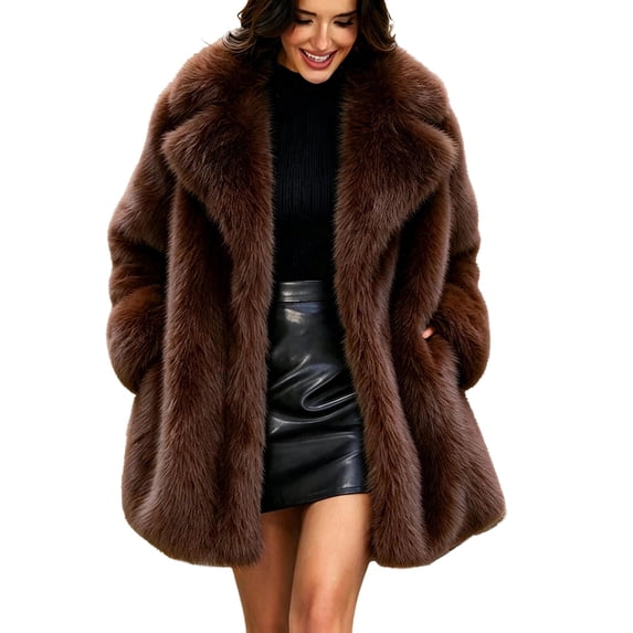 Tick Jacket Women's Mid-Length Fuzzy Coat Open Front Notch Lapel Long Sleeve Thick ...