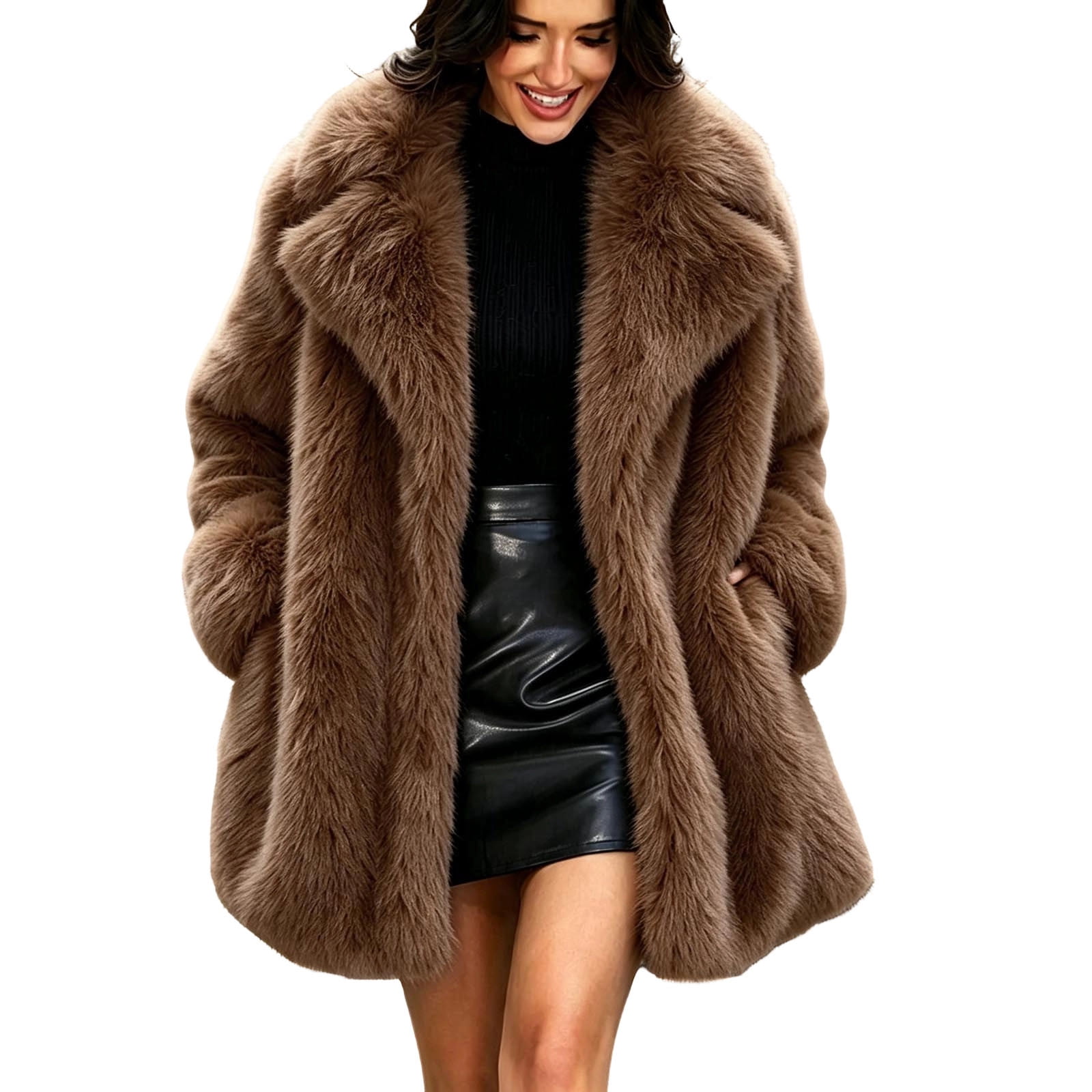 Women's Mid-Length Fuzzy Coat Open Front Notch Lapel Long Sleeve Thick ...