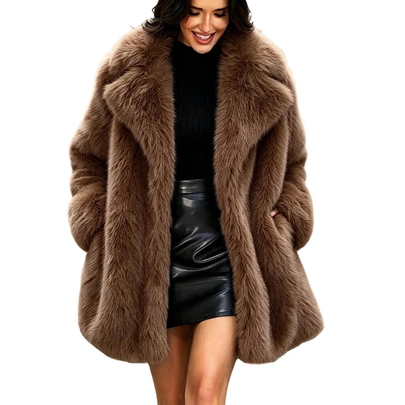 Tick Jacket Women's Mid-Length Fuzzy Coat Open Front Notch Lapel Long Sleeve Thick ...