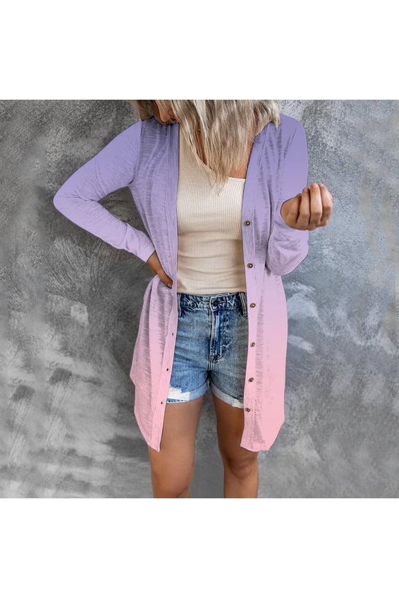 Women's Mid-Length Gradient Color Cardigan, Open Front Button Down Knit Sweater, Lightweight Longline Cover Up, Casual Duster Coat, Tunic Length Layering Piece Pink1 XL