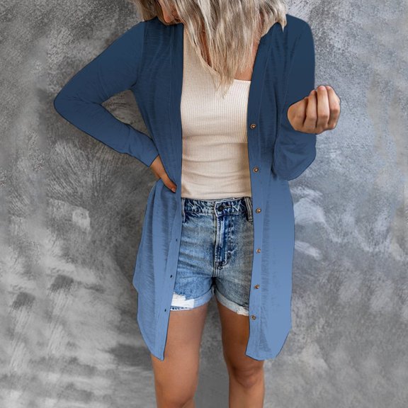 Women's Mid-Length Gradient Color Cardigan, Open Front Button Down Knit Sweater, Lightweight Longline Cover Up, Casual Duster Coat, Tunic Length Layering Piece Dark Blue L