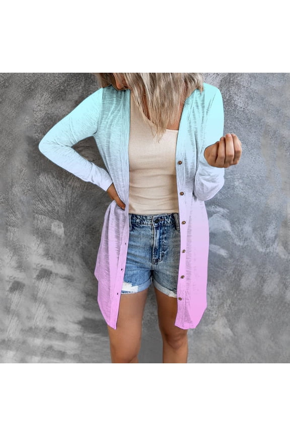 Women's Mid-Length Gradient Color Cardigan, Open Front Button Down Knit Sweater, Lightweight Longline Cover Up, Casual Duster Coat, Tunic Length Layering Piece Pink XXL