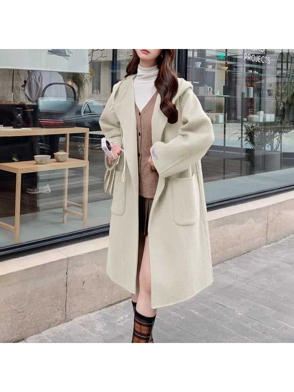 Women's Mid-Length Hooded Coat, Toggle Button Wool Blend Jacket, Casual Fall Winter Coat, Oversized Pocket Trench, Elegant Loose Fit Outerwear Beige L