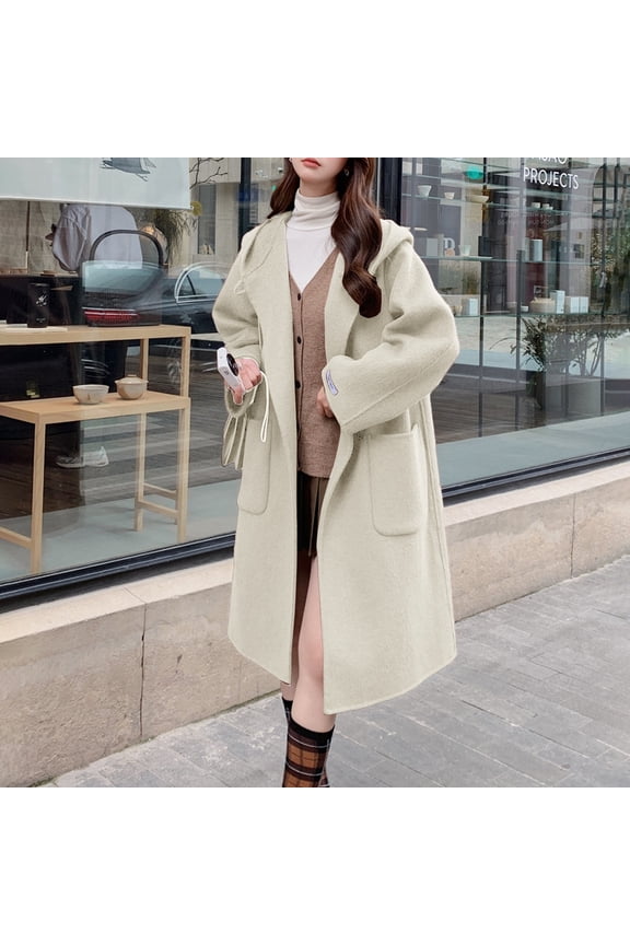 Women's Mid-Length Hooded Coat, Toggle Button Wool Blend Jacket, Casual Fall Winter Coat, Oversized Pocket Trench, Elegant Loose Fit Outerwear Beige S