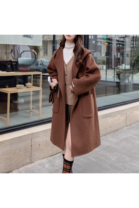 Women's Mid-Length Hooded Coat, Toggle Button Wool Blend Jacket, Casual Fall Winter Coat, Oversized Pocket Trench, Elegant Loose Fit Outerwear Coffee S
