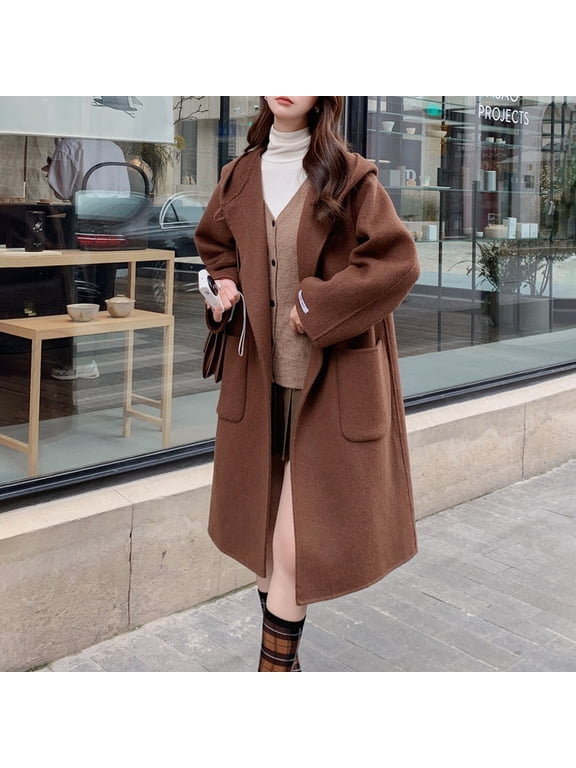 Women's Mid-Length Hooded Coat, Toggle Button Wool Blend Jacket, Casual Fall Winter Coat, Oversized Pocket Trench, Elegant Loose Fit Outerwear Coffee XL
