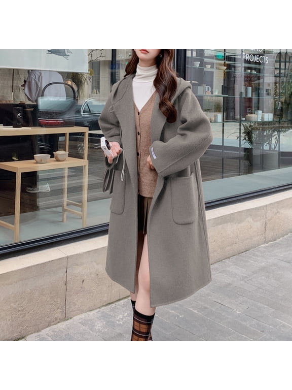 Women's Mid-Length Hooded Coat, Toggle Button Wool Blend Jacket, Casual Fall Winter Coat, Oversized Pocket Trench, Elegant Loose Fit Outerwear Grey S