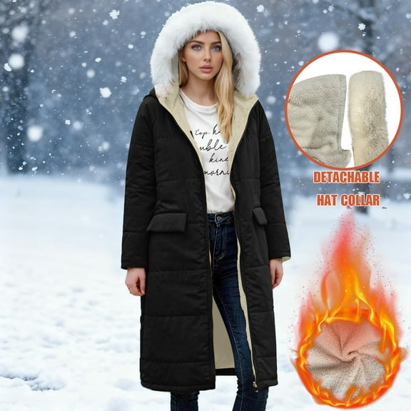 Women's Mid-Length Hooded Cotton Coat, Faux Fur Trim Parka, Long Sleeve Quilted Jacket, Casual Streetwear Coat, Drawstring Waist Puffer Coat, Cold Weather Outerwear Black