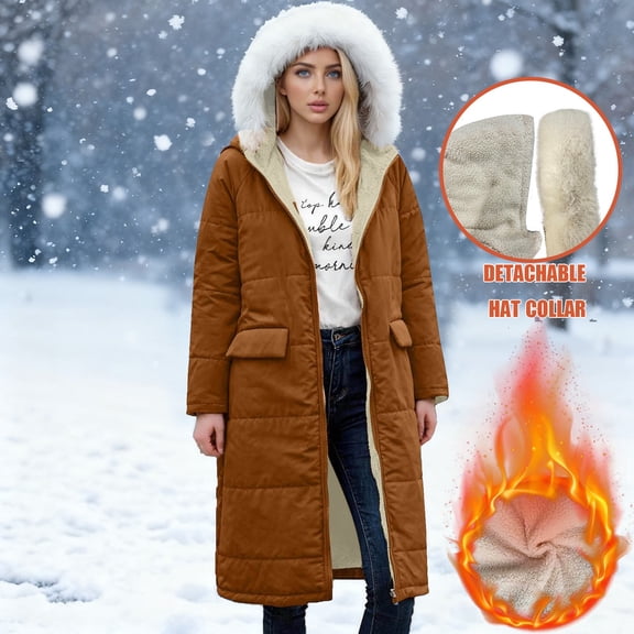 Women's Mid-Length Hooded Cotton Coat, Faux Fur Trim Parka, Long Sleeve Quilted Jacket, Casual Streetwear Coat, Drawstring Waist Puffer Coat, Cold Weather Outerwear Brown