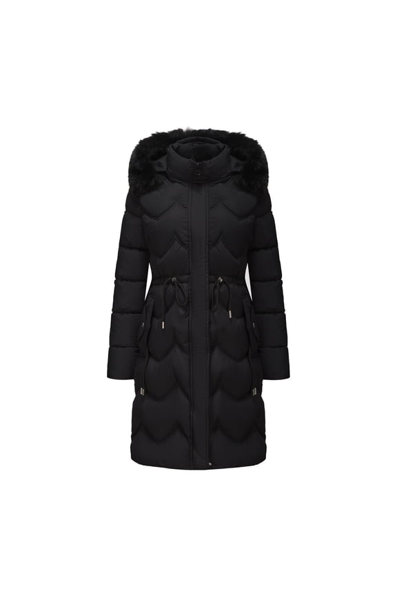 Women's Mid-Length Hooded Cotton Coat - Thickened Warm, Detachable Fur Collar, Winter, Black, XXXL
