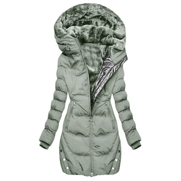 Women's Mid-Length Hooded Cotton Jacket, Fleece Lined Thickened Winter Coat with Full Zip, Warm Quilted Outerwear, Knee-Length Puffer Style Parka for Women, Comfortable Casual Long Coat Green M