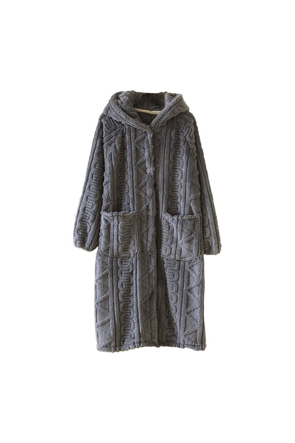 Women's Mid-Length Hooded Flannel Robe, Double Sided Fleece Bathrobe, Cozy Hooded Housecoat, Plush Spa Robe, Pocket Detail Loungewear, Soft Hooded Lounge Wear, Warm Hooded Robe - Grey