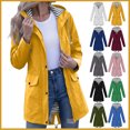 thumbnail image 1 of Women's Mid Length Hooded Jacket, Striped Lining Outdoor Coat with Flap Pockets, Zip and Snap Button Closure, Waterproof and Windproof Casual Outerwear for Spring and Fall, S-3XL, 1 of 7