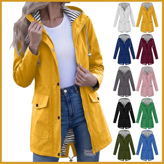 Women's Mid Length Hooded Jacket, Striped Lining Outdoor Coat with Flap Pockets, Zip and Snap Button Closure, Waterproof and Windproof Casual Outerwear for Spring and Fall, S-3XL