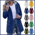 thumbnail image 1 of Women's Mid Length Hooded Jacket, Striped Lining Outdoor Coat with Flap Pockets, Zip and Snap Button Closure, Waterproof and Windproof Casual Outerwear for Spring and Fall, S-3XL, 1 of 7