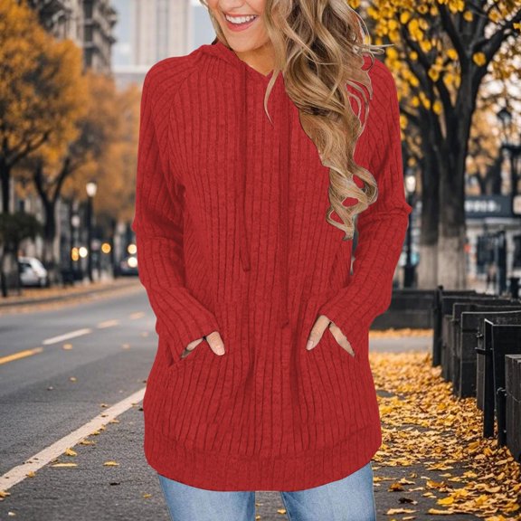 Women's Mid-Length Hooded Knit Sweater, Lightweight Pullover Top, Soft Ribbed Casual Pullover, Loose Fit Long Sleeve Hoodie, Cozy Fall Winter Wear, Comfortable Oversized Sweatshirt Red S