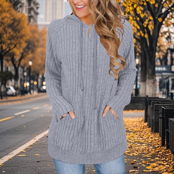 Women's Mid-Length Hooded Knit Sweater, Lightweight Pullover Top, Soft Ribbed Casual Pullover, Loose Fit Long Sleeve Hoodie, Cozy Fall Winter Wear, Comfortable Oversized Sweatshirt Light Ashy S