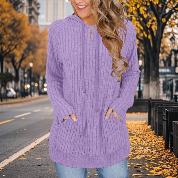Women's Mid-Length Hooded Knit Sweater, Lightweight Pullover Top, Soft Ribbed Casual Pullover, Loose Fit Long Sleeve Hoodie, Cozy Fall Winter Wear, Comfortable Oversized Sweatshirt Purple M