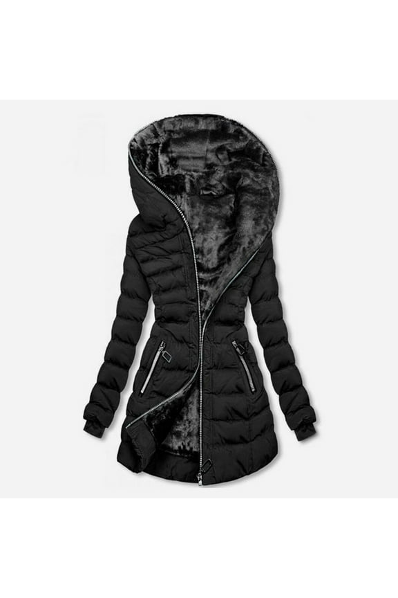 Women's Mid-Length Hooded Puffer Coat, Slim Fit Zip Up Jacket, Fleece Lined Casual Outerwear, Winter Quilted Coat with Zippered Pockets Black L