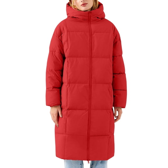 Women's Mid-Length Hooded Puffer Coat, Thickened Plus Size Jacket, Winter Casual Outerwear, Warm Quilted Parka, Solid Color Cotton Coat, Everyday Winter Coat Red M