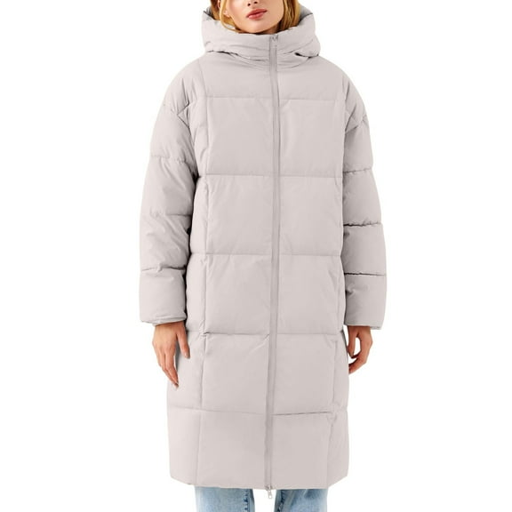 Women's Mid-Length Hooded Puffer Coat, Thickened Plus Size Jacket, Winter Casual Outerwear, Warm Quilted Parka, Solid Color Cotton Coat, Everyday Winter Coat White S