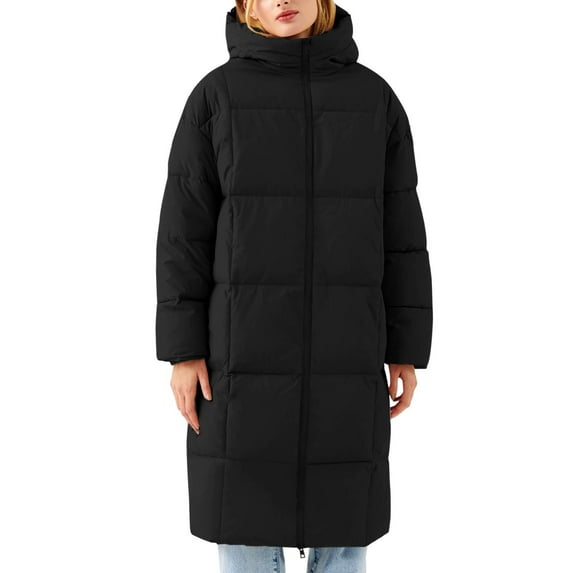 Women's Mid-Length Hooded Puffer Coat, Thickened Plus Size Jacket, Winter Casual Outerwear, Warm Quilted Parka, Solid Color Cotton Coat, Everyday Winter Coat Black L