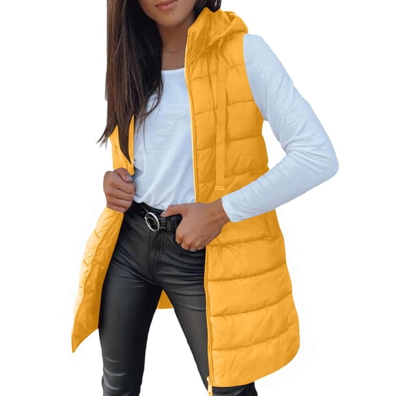Women's Mid-Length Hooded Puffer Vest, Quilted Sleeveless Jacket, Lightweight Warm Outerwear, Side Button Details, Front Zip Closure, Fall Winter Layering Piece, Comfortable Casual Coat Yellow S