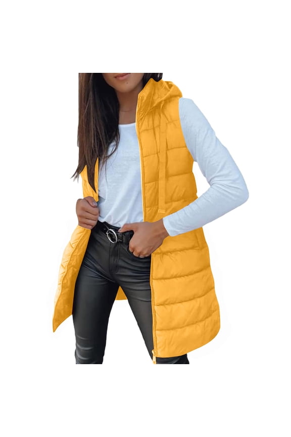Women's Mid-Length Hooded Puffer Vest, Quilted Sleeveless Jacket, Lightweight Warm Outerwear, Side Button Details, Front Zip Closure, Fall Winter Layering Piece, Comfortable Casual Coat Yellow XXL