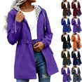 thumbnail image 1 of Women's Mid Length Hooded Waterproof Jacket Striped Lined Drawstring Waist Belt With Pockets Daily Casual Windproof Coat, 1 of 8