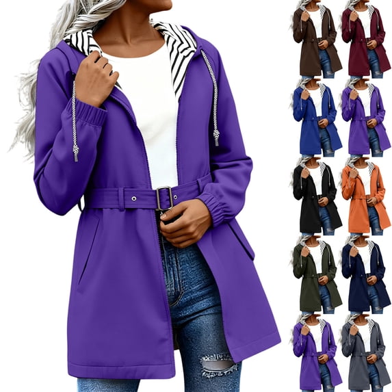 Women's Mid Length Hooded Waterproof Jacket Striped Lined Drawstring Waist Belt With Pockets Daily Casual Windproof Coat