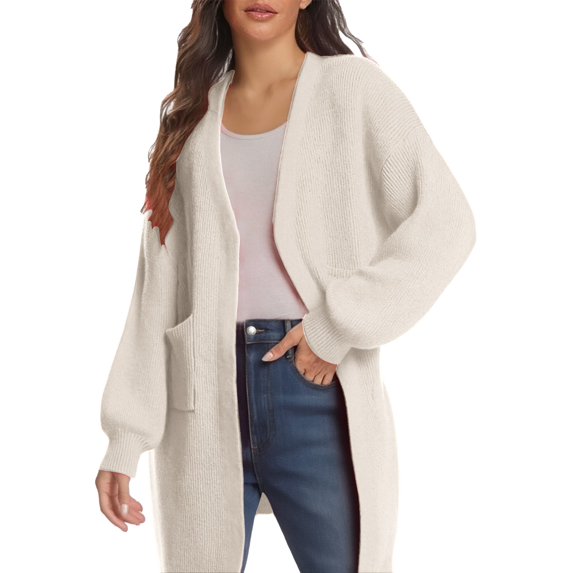 Women's Mid-Length Knit Cardigan, Solid Color Open Front Sweater, Long Sleeve Pocketed Coat, Soft Casual Outerwear, Autumn Winter Layer Beige L
