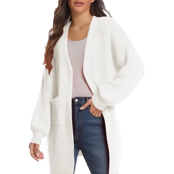 Women's Mid-Length Knit Cardigan, Solid Color Open Front Sweater, Long Sleeve Pocketed Coat, Soft Casual Outerwear, Autumn Winter Layer White S