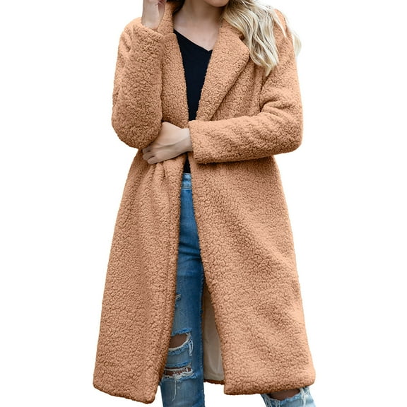 Women's Mid-Length Lamb Wool Coat, Long-Sleeve Warm Winter Outerwear, Solid Color Fashion Jacket, Camel, M