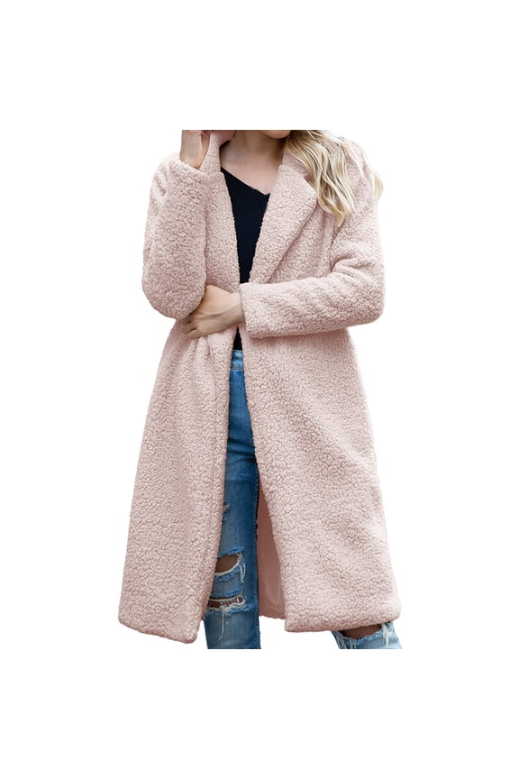 Women's Mid-Length Lamb Wool Coat, Long-Sleeve Warm Winter Outerwear, Solid Color Fashion Jacket, Pink, XXL
