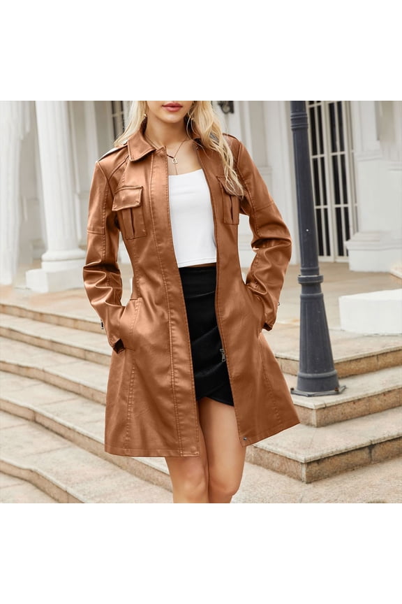 Women's Mid Length Leather Jacket With Belt And Long Sleeved Leather Windbreaker British Coat Womens Fall Hooded Jacket Women Light Jacket Casual Women Clothes plus Size Western Clothes for Women Boil
