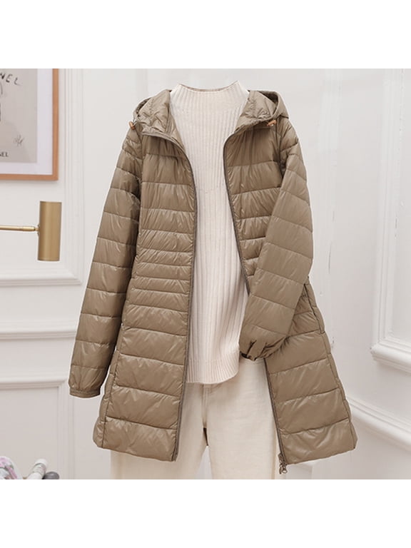 Women's Mid-Length Lightweight Puffer with a Hood and Slim Fit Packable Down Coat in a Large Size for Versatile Layering