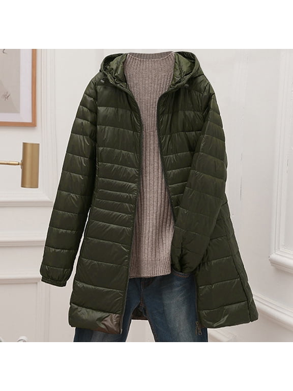 Women's Mid-Length Lightweight Puffer with a Hood and Slim Fit Packable Down Coat in a Large Size for Versatile Layering