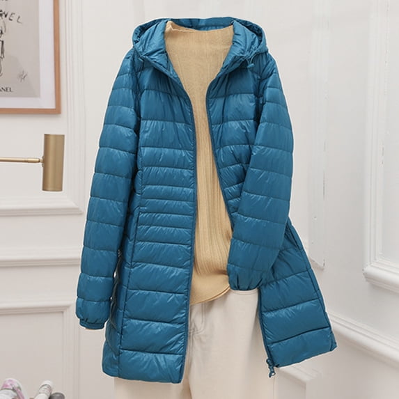 Women's Mid-Length Lightweight Puffer with a Hood and Slim Fit Packable Down Coat in a Large Size for Versatile Layering