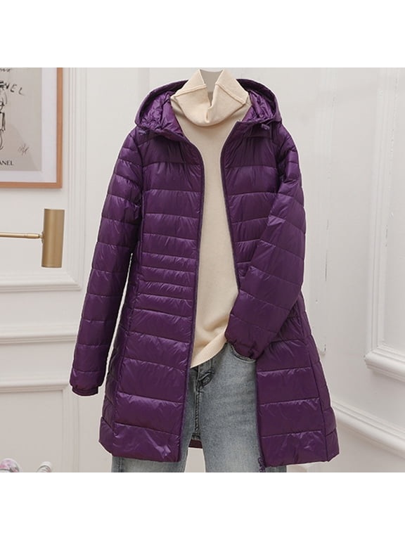 Women's Mid-Length Lightweight Puffer with a Hood and Slim Fit Packable Down Coat in a Large Size for Versatile Layering