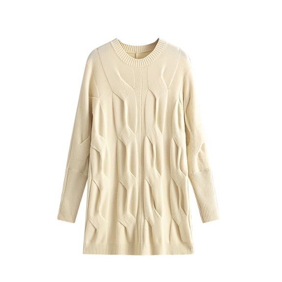 Women's Mid Length Long Sleeve Round Neck Sweaters Solid Color Elegant Fashion Knitted Pullover Jumper Beige,Free Size