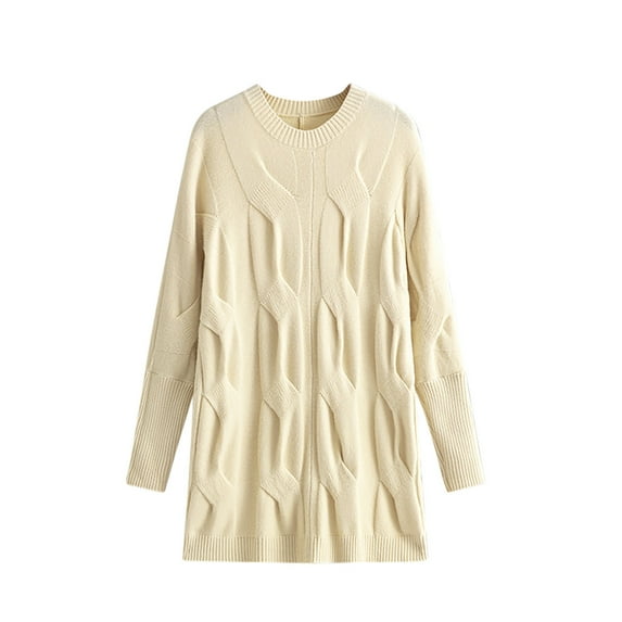 Women's Mid Length Long Sleeve Round Neck Sweaters Solid Color Elegant Fashion Knitted Pullover Jumper Beige,Free Size