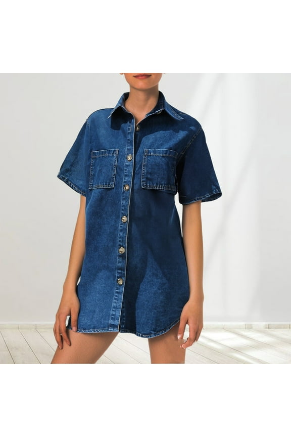 Women's Mid Length Loose Fit Pocket Collar Denim Shirt Dress plus Size Bridesmaid Dresses with Sleeves plus Size Prom Dress Maxi Chiffon Dresses for Women plus Size Long Sleeve Formal Dresses for