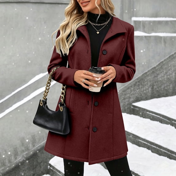 Women's Mid Length Pea Coat Notch Lapel Button Down Trench Coats Casual Winter Warm Outerwear Overcoat Classic Wool Blend Jacket