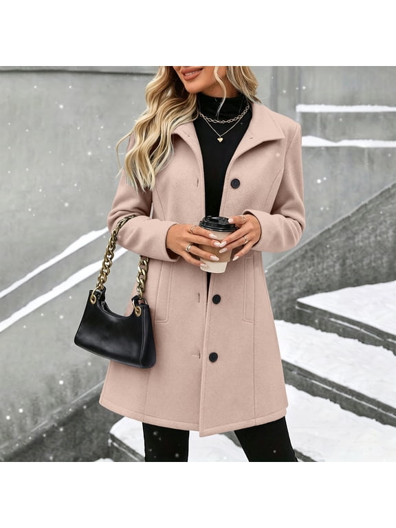 Women's Mid Length Pea Coat Notch Lapel Button Down Trench Coats Casual Winter Warm Outerwear Overcoat Classic Wool Blend Jacket