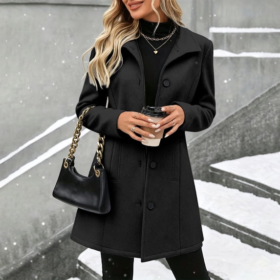Women's Mid Length Pea Coat Notch Lapel Button Down Trench Coats Casual Winter Warm Outerwear Overcoat Classic Wool Blend Jacket