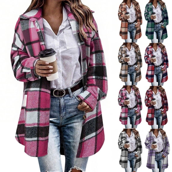 Women's Mid-Length Plaid Jacket,Button Down Long Sleeve Open Front Shirt Shackets,Fashion Casual Long Outerwear