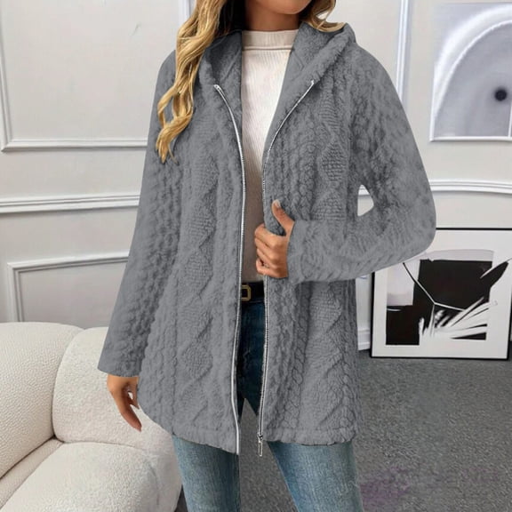 Women's Mid Length Plush Jacket, Zip Front Hooded Coat with Embossed Pattern, Short Pile Fleece Outerwear, Soft Textured Casual Top, Long Sleeve Everyday Wear Grey L